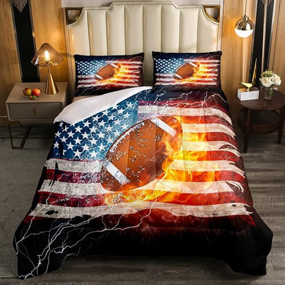 Boys American Football Comforter Set, United States Flag Down Comforter Full Size, Soccer Sports Games Bedding Set for Kids Teens Adult Men, Geometric Stripes Retro Duvet Sets, Blue White and Red