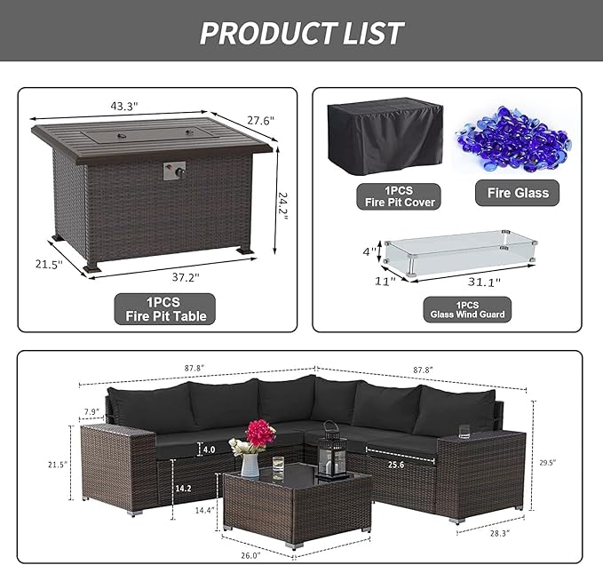 Kullavik 7 Pieces Outdoor Patio Furniture Set with 43" 55000BTU Gas Propane Fire Pit Table PE Wicker Rattan Sectional Sofa Patio Conversation Sets