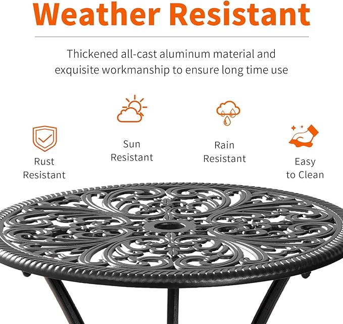 Bistro Table and Chairs Set of 2 Outdoor 3 Piece Bistro Sets Cast Aluminum Patio Bistro Set with Umbrella Hole, Patio Set for Garden, Black