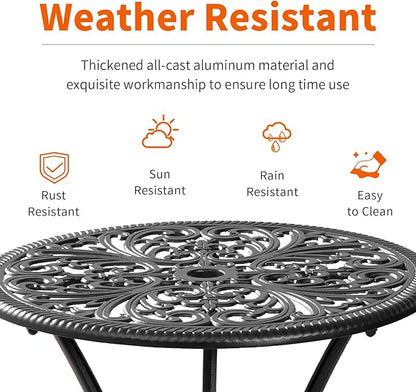 Bistro Table and Chairs Set of 2 Outdoor 3 Piece Bistro Sets Cast Aluminum Patio Bistro Set with Umbrella Hole, Patio Set for Garden, Black