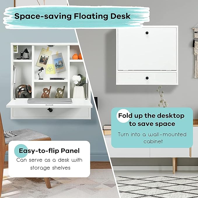 2 in 1 Foldable Tabletop, Folding Wall Mount Laptop Storage Compartments Space Saving Floating Desk, Small, White