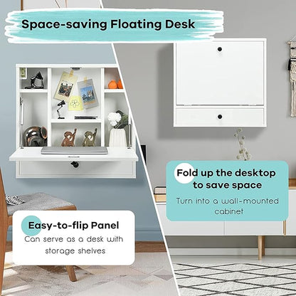 2 in 1 Foldable Tabletop, Folding Wall Mount Laptop Storage Compartments Space Saving Floating Desk, Small, White