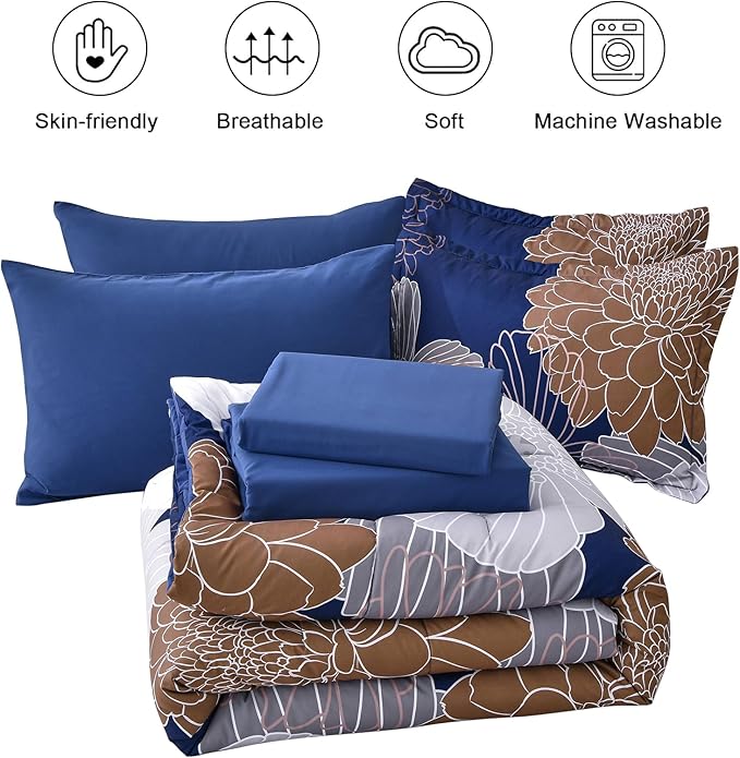 Yiran Navy Brown Comforter Set Queen Bed in a Bag 7 Pieces Floral Soft Microfiber Comforter Bedding Sets Bed Set with Comforter, Sheets, Pillowcases & Shams 90"×90"