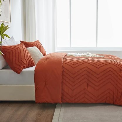 CozyLux Full Size Comforter Set Burnt Orange - 3 Pieces Terracotta Boho Tufted Shabby Chic Bedding Comforter Set for All Seasons, Chevron Bedding Sets with Comforter & 2 Pillow Shams