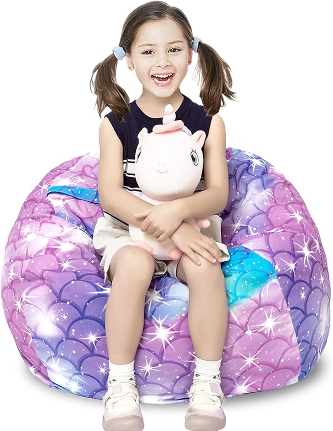 Stuffed Animal Storage Bean Bag Chair Cover, Hold Kids Plush Toys Blankets Towels Beanbag (Cover Only), Canvas Floor Circle Stuff Sit Seat Sofa with YKK Zipper, Large 32", Classic Mermaid