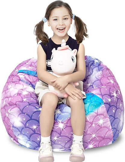 Stuffed Animal Storage Bean Bag Chair Cover, Hold Kids Plush Toys Blankets Towels Beanbag (Cover Only), Canvas Floor Circle Stuff Sit Seat Sofa with YKK Zipper, Large 32", Classic Mermaid