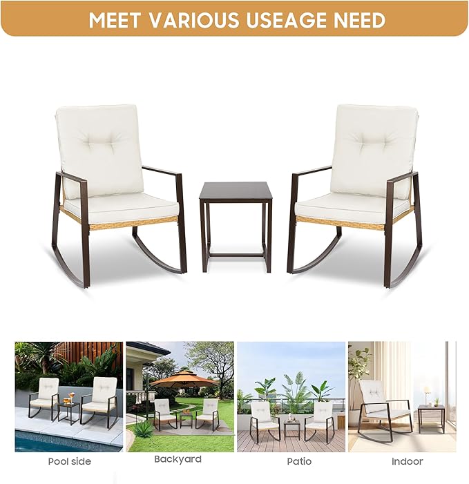 YIYAN 3 Pieces Patio Bistro Set Outdoor Rattan Wicker Rocking Chairs Set,Patio Outdoor Furniture Conversation Sets with Sofa Chairs,Glass Coffee Table and Washable cushion (Light Beige)