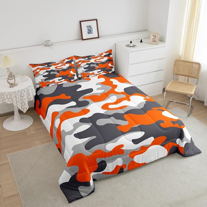 Feelyou Full Size Camouflage Comforter Set 3Pcs Kids Bedding Set for Boys Girls Teens 1 Comforter & 2 Pillowcases(Full,Orange)