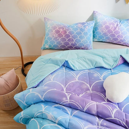 beeweed 3 Piece Kid Comforter Set Queen Size, Colorful Scale Bedding Set for Teen Boys Girls