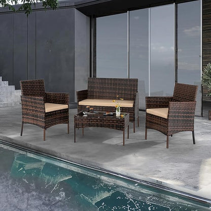 Outvita 4 Pieces Patio Furniture Set, Rattan Conversation Sets with Loveseat Soft Cushion and Glass Table for Garden Backyard Balcony Porch Poolside(Brown Gradient)