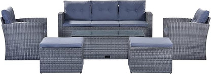 Merax Furniture 6-Piece All-Weather PE Rattan Patio Outdoor Conversation Set with Coffee Table,Wicker Sofas,Ottomans,Removable Cushions,Grey