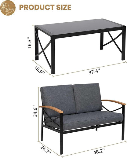 Shintenchi 2 Piece Outdoor Patio Furniture Set, Metal Sofa Chair Conversation Set, Including Loveseat and Coffee Table for Backyard, Patio, Balcony, Poolside (Dark Grey)
