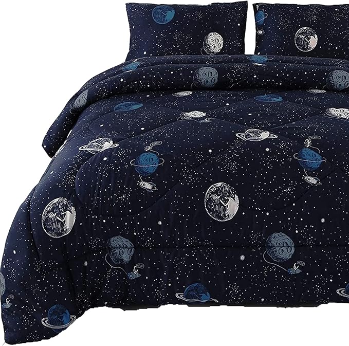 ENJOHOS Comforter for Queen Size Bed, Blue Queen Comforter Set with Galaxy Space Design, Lightweight Soft Microfiber Comforter with 2 Pillow Cases for All Season