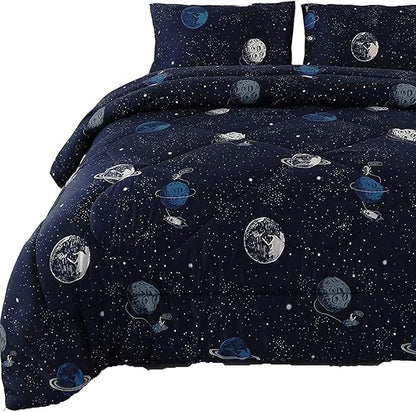 ENJOHOS Comforter for Queen Size Bed, Blue Queen Comforter Set with Galaxy Space Design, Lightweight Soft Microfiber Comforter with 2 Pillow Cases for All Season