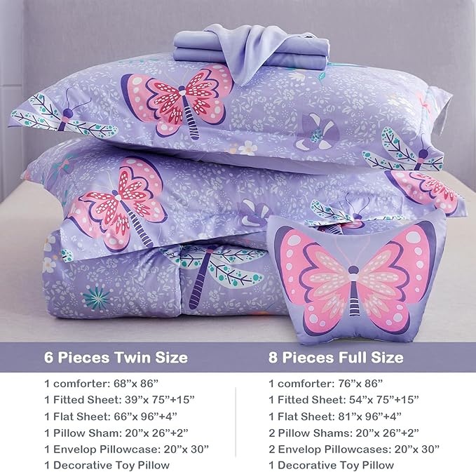 Mooreeke Bed in a Bag for Kids Girls Teens, 6 Pieces Twin Size Comforter Bed Set with Shams, Sheet Set and Decorative Toy Pillow, Butterfly Purple Super Soft Microfiber Kids Comforter Bedding Set
