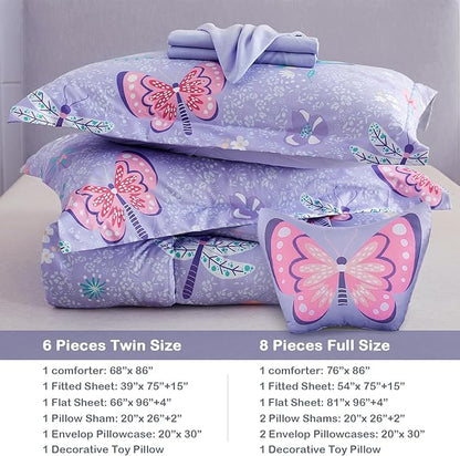 Mooreeke Bed in a Bag for Kids Girls Teens, 8 Pieces Full Size Comforter Bed Set with Shams, Sheet Set and Decorative Toy Pillow, Butterfly Purple Super Soft Microfiber Kids Comforter Bedding Set