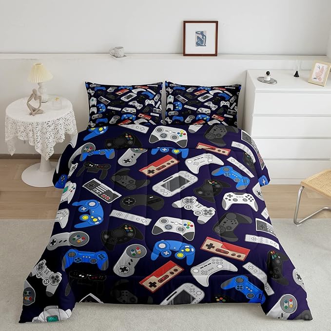 Erosebridal Teens Gamer Comforter Set Twin Size, Modern Game Down Comforter for Kids Boys Children, Video Game Bedding Set,Player Gaming Gamepad Joystick Soft Quilt Set Room Decor