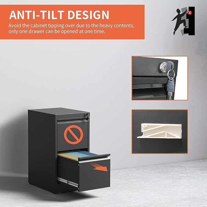 2 Drawer File Cabinet,Black Metal Filing Cabinets for Home Office,Vertical File Cabinet with Lock for A4/Letter/Legal Size Files,Assembly Required