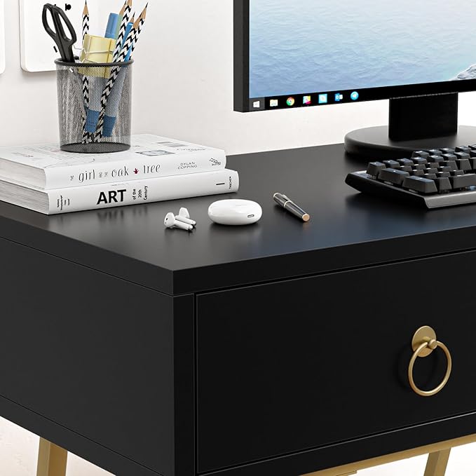 Anmytek Home Office Desk Black Writing Desk with 2 Drawers Modern & Simple Makeup Vanity Study Table Small Computer Desk, D0007