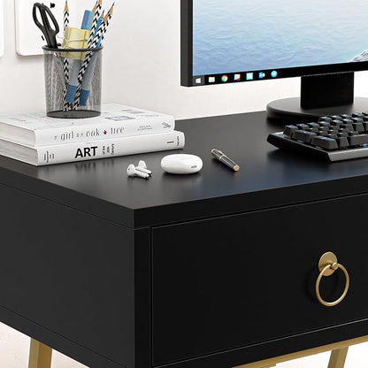 Anmytek Home Office Desk Black Writing Desk with 2 Drawers Modern & Simple Makeup Vanity Study Table Small Computer Desk, D0007