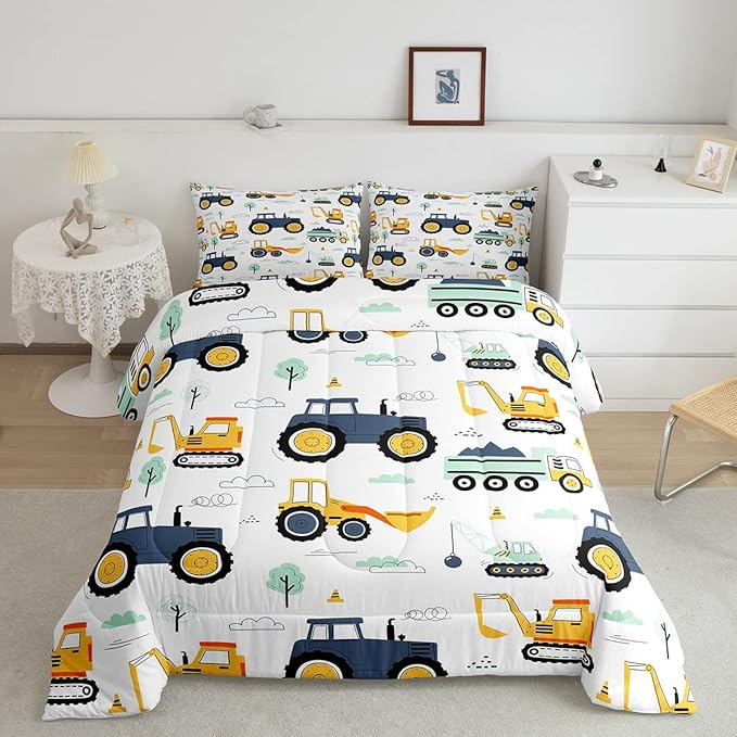 Boys Cartoon Car Bedding Set King, Excavator Tractor Comforter Set for Kids Teens, Equipment Trucks Quilted Duvet, Heavy Machinery Construction Bedding Comforter Sets with 2 Pillowcases Bedroom Decor