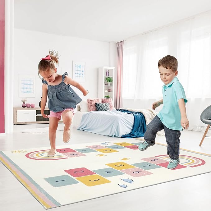 Topotdor Rainbow Sky Hopscotch Game Rugs,Kids Play Area Rugs Soft Floor Carpet for Bedroom Playroom Nursery,Great Gift for Girls & Boys,47" x 71"