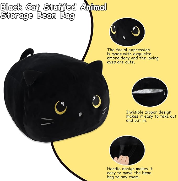 Stuffed Animal Storage Bean Bag Chair Cover for kids Cute Black Cat Large Beanbag Plush Toy Bedroom Décor Organizer Cover, No Beans