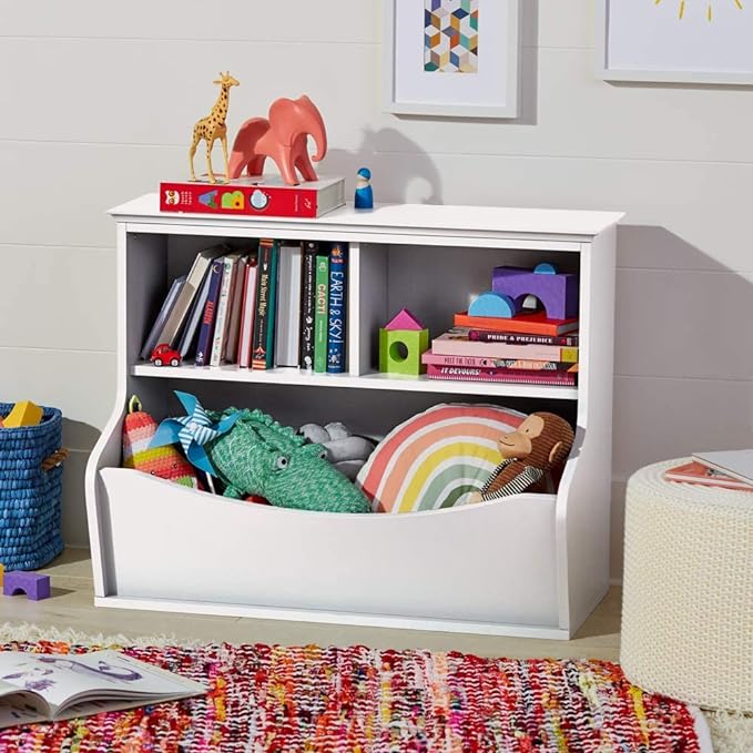 Amazon Basics Children's Multi-Functional 3 Shelf Bookcase and Toy Storage Bin, White, 14.84" D x 31.25" W x 24.56" H