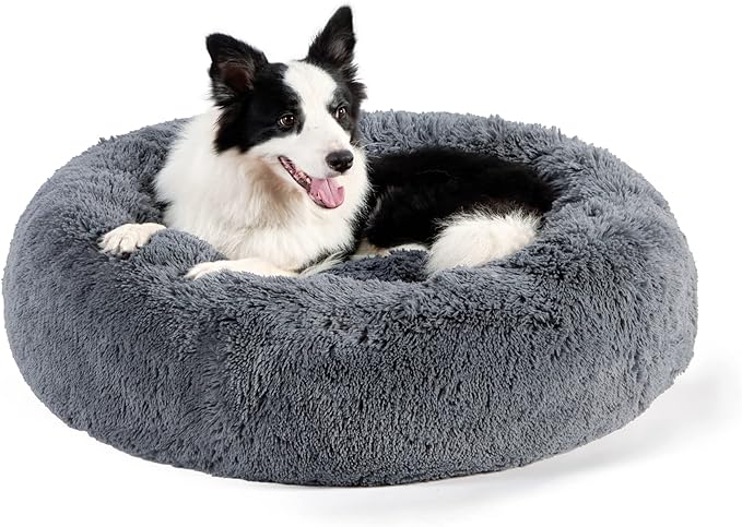 Bedsure Calming Dog Bed for Large Dogs - Donut Washable Large Pet Bed, 36 inches Anti-Slip Round Fluffy Plush Faux Fur Dog Bed, Fits up to 100 lbs Pets, Dark Grey