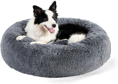 Bedsure Calming Dog Bed for Large Dogs - Donut Washable Large Pet Bed, 36 inches Anti-Slip Round Fluffy Plush Faux Fur Dog Bed, Fits up to 100 lbs Pets, Dark Grey