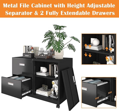 Metal File Cabinet Printer Stand with 2 lockable full extension drawers and 1 lockable door, adjustable shelf, for Home office and Study room Organizer Letters/Legal/A4,BLACK
