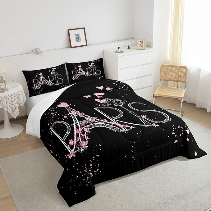 Eiffel Tower Comforter Set Chic Paris Bedding Set Romantic Theme Comforter for Boys Girls Children Teens Black Pink Bedroom Decor Modern French Style Duvet Set Queen Size with 2 Pillow Case