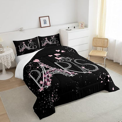 Eiffel Tower Comforter Set Chic Paris Bedding Set Romantic Theme Comforter for Boys Girls Children Teens Black Pink Bedroom Decor Modern French Style Duvet Set Queen Size with 2 Pillow Case