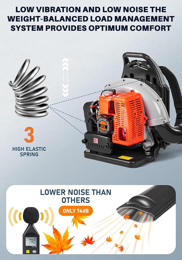 HTK 63CC Gas Backpack Leaf Blower - 2-Stroke Engine, High-Velocity 665CFM, Ergonomic & Low-Vibration, Cruise Control, Ideal for Year-Round Yard Maintenance (63CC Backpack Blower)