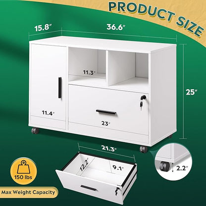 DEVAISE Office File Cabinet with Lock, 1-Drawer Wood Lateral Filing Cabinet on Wheels, Printer Stand with Open Storage Shelves for Home Office, White