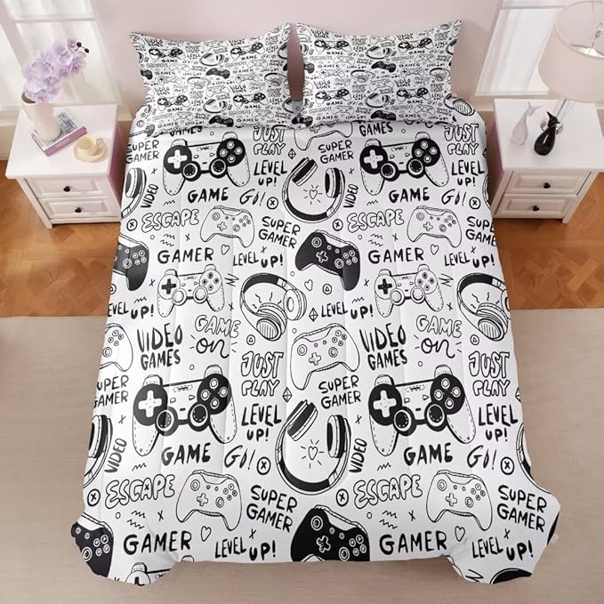 Gaming Comforter for Boys Teens,Game Bedding Sets Twin,Kids Gamer Comforter Set,Video Game Bedroom Decor,Gamepad Controller Duvet Insert All Season 3 Piece 1 Comforter and 2 Pillowcases