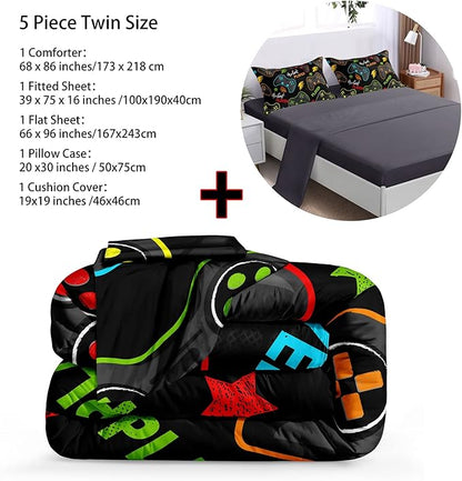 5 pieces Gamer Comforter Set for Boys Gaming bedding set Twin Size,Video Game Controller Comforter for Boys Kids Adult 3D Gamepad Microfiber Bed in A Bag Sets3011,Twin