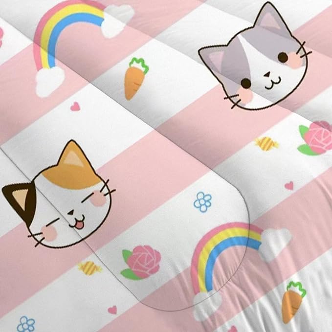 Cat Bedding Twin Size Pink Plaid Rainbow Comforter Set for Girls Kids Children Cloud Cute Kawaii Boho Bedroom Dorm Quilt 1 Comforter + 1 Pillow Case