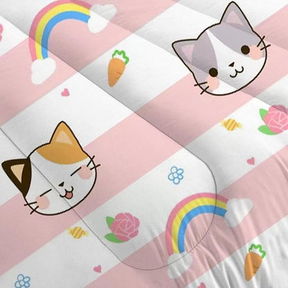 Cat Comforter Set Queen Size Pink Plaid Rainbow Bedding for Teen Girls Women Cloud Cute Boho Bedroom Dorm Quilt 1 Comforter + 2 Pillow Cases
