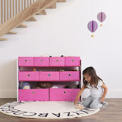 Humble Crew Kids Toy Organizer with 9 Collapsible Fabric Storage, White Wood and Pink Bins