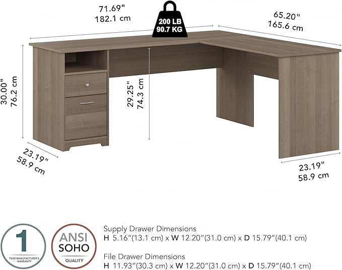 Bush Furniture Cabot 72W L Shaped Computer Desk with Drawers, Ash Gray