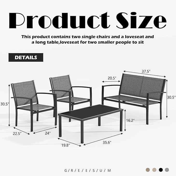 Greesum 4 Pieces Patio Furniture Set, Outdoor Conversation Sets for Patio, Lawn, Garden, Poolside with A Glass Coffee Table, Gray