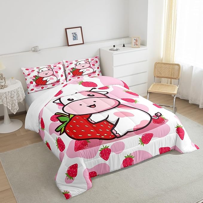 Feelyou Milk Cow Comforter Pink White Cow Strawberry Comforter Set Bedding Set for Kids Adults Kawaii Girls Milk Cow Print Duvet Set Soft Room Decor King Size Quilt Boys