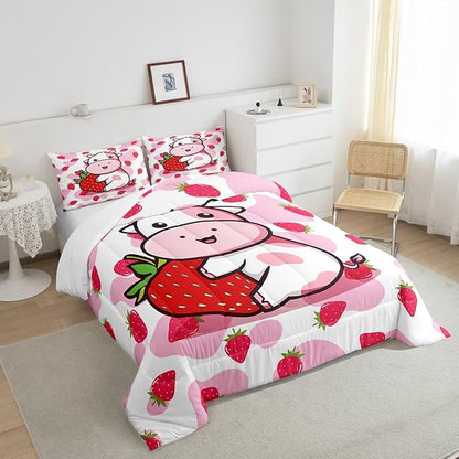 Feelyou Milk Cow Comforter Pink White Cow Strawberry Comforter Set Bedding Set for Kids Adults Kawaii Girls Milk Cow Print Duvet Set Soft Room Decor King Size Quilt Boys