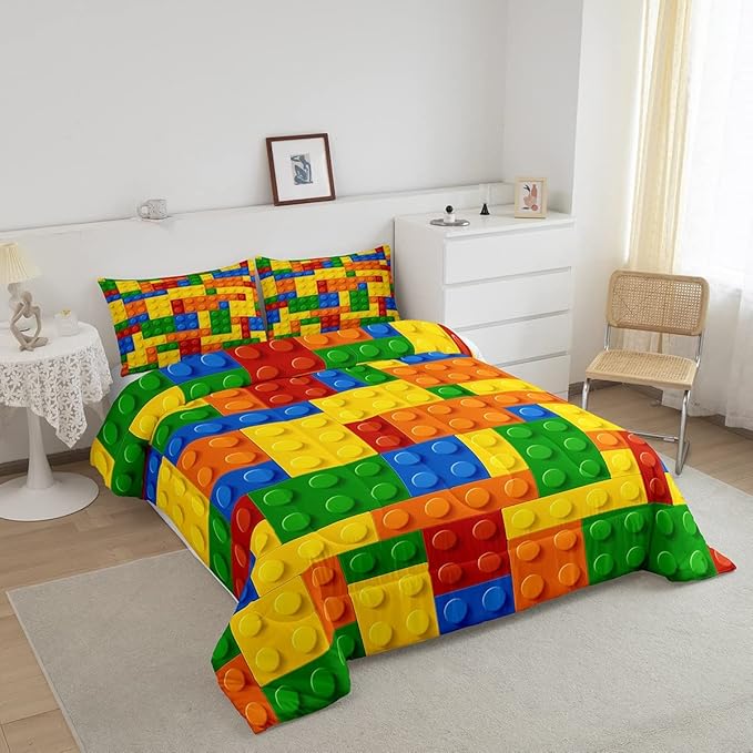 Feelyou Games Comforter Set Full Size Building Blocks Bedding Set for Kids Boys Girls Colorful Geometric Toy Brick Comforter Inner Fill Toddler Gaming Bedroom Nursery Quilt Duvet Set with 2 Pillowcase