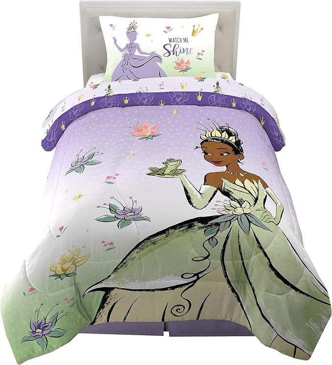 Disney Princess Tiana Kids Bedding Super Soft Microfiber Comforter And Sheet Set, 4 Piece Twin Size, "Official" Disney Product By Franco
