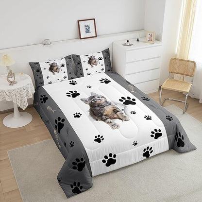 Kids Cat Comforter Set Full,3D Cute Kawaii Cat Bedding Set Lovely Animal Kitten Paw Print Down Comforter For Girls Boys Cat Lovers' Bedroom,Fish Bone Decor Quilt Duvet Set Grey White 2 Pillow Cases