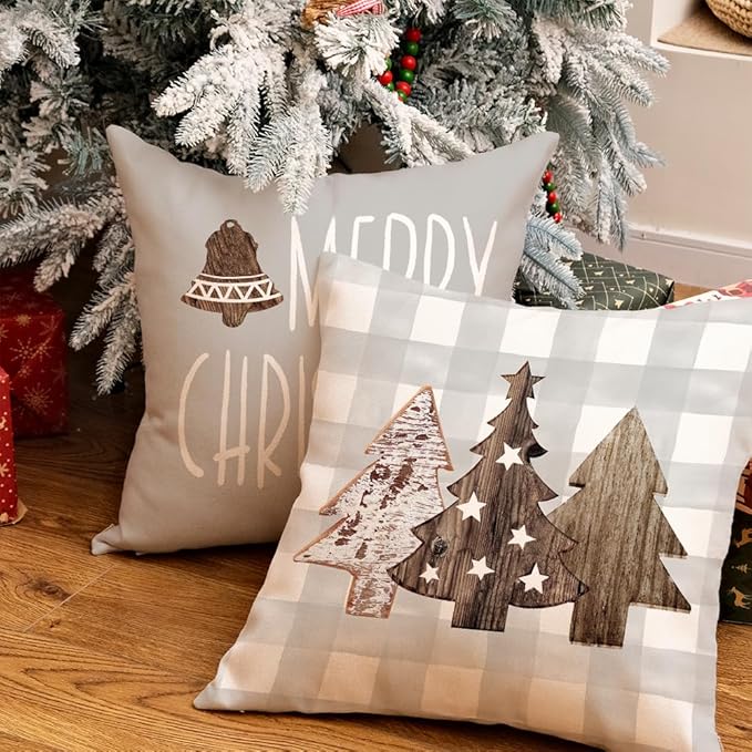 GEEORY Christmas Pillow Covers 18 x 18 Inch Set of 4, Buffalo Plaid Wooden Tree Snow Sleigh Merry Xmas Holiday Decor Decorative Throw Cushion Cases Decoration for Home Party Sofa Couch (Beige)