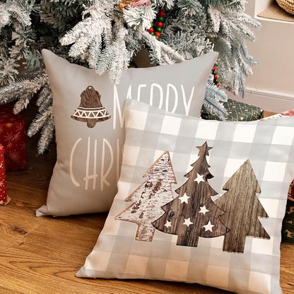 GEEORY Christmas Pillow Covers 18 x 18 Inch Set of 4, Buffalo Plaid Wooden Tree Snow Sleigh Merry Xmas Holiday Decor Decorative Throw Cushion Cases Decoration for Home Party Sofa Couch (Beige)