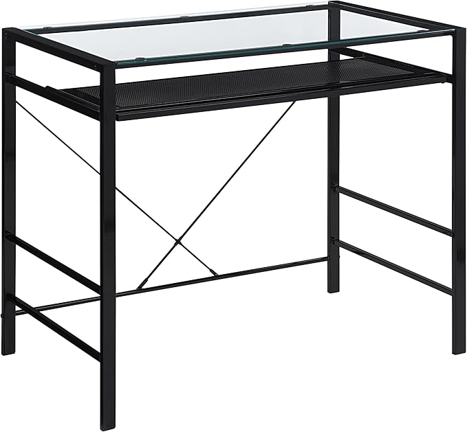 OSP Home Furnishings Zephyr Computer Desk with Keyboard Shelf and Tempered Glass Top, Clear Glass and Black Frame, 36" W x 20" D x 30.25" H